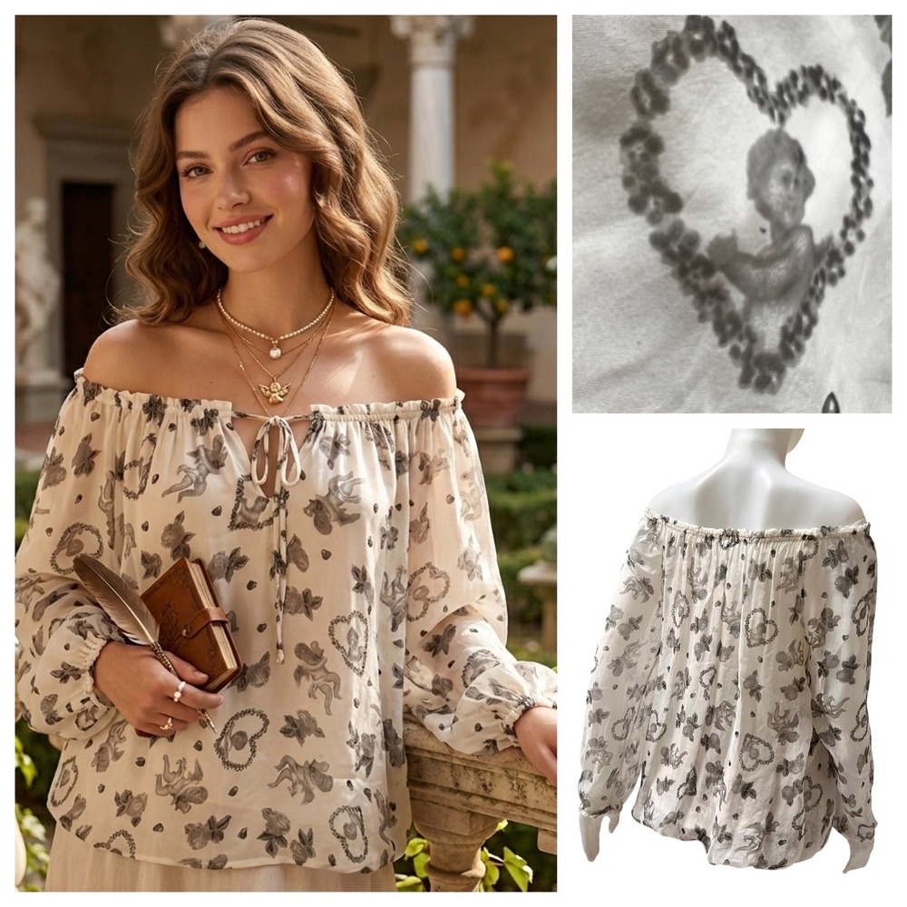 Italy 100% Silk Cherub Print Blouse Sheer Angelcore Renaissance Fairy Peasant L